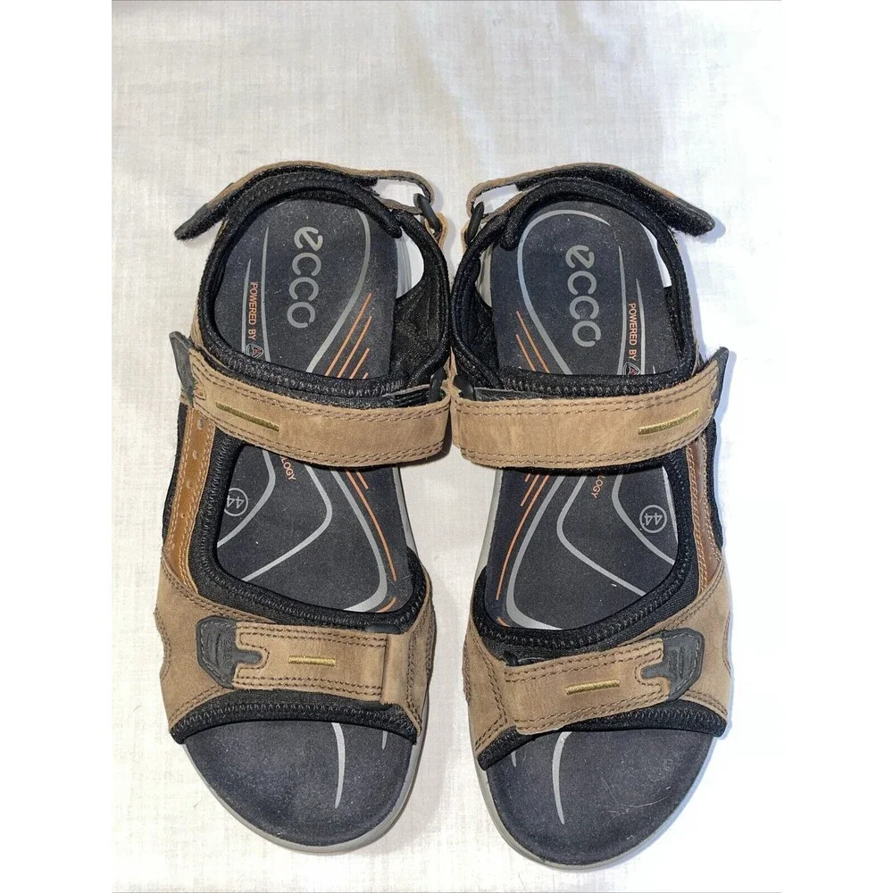 Ecco Men’s Strappy Sandals Sz 44 U.S. 11 M Brown Leather Hook & Loop Athleisure